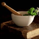 traditional Indian herbs and spices with mortar and pestle