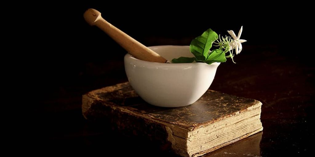 traditional Indian herbs and spices with mortar and pestle