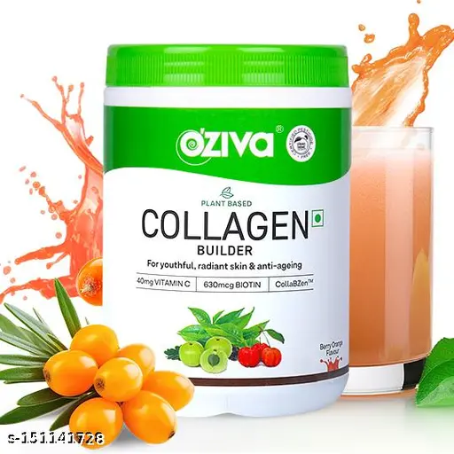 OZiva Plant Based Collagen Builder Powder (With Vitamin C & Biotin) Supports Glowing Skin, Stronger Hair, Nails & Joints | Collagen Supplements for Women & Men (Collagen Powder Berry Orange, Pack of 1)