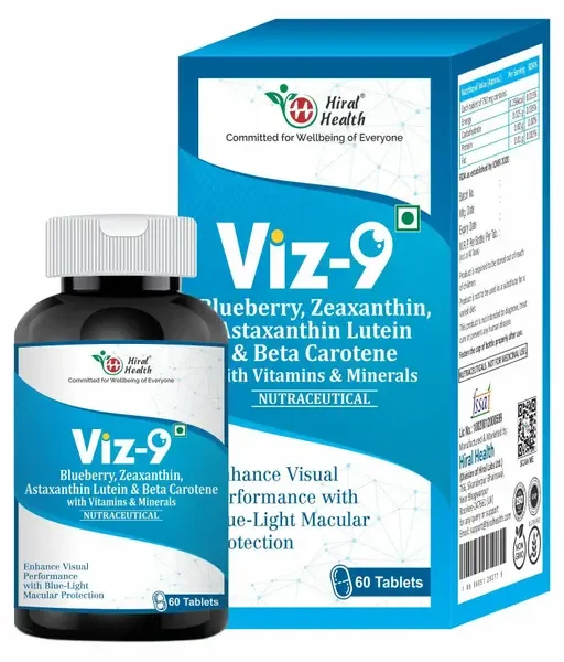 Hiral Health VIZ-9 [Eye & Vision Supplement] With Blueberry, Beta Carotene, Zeaxanthin, Astaxanthin, Lutein, Vitamins & Minerals | Prevents Eye Diseases, Vision Loss & Damage |60 Tablets