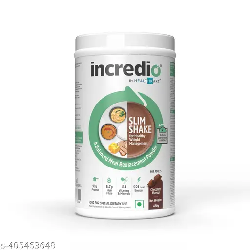 Incredio by HK Vitals Slim Shake for Weight Management | With 22 g Triple Blend Protein - Whey, Soy, & Casein, High Fibre, Low Calories, 24 Vitamins & Minerals | Meal Replacement Shake (Chocolate, 480 g) #slim shake #slim powder #weight loss powder #weight loss supplement