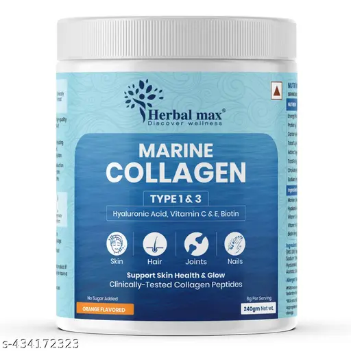 Herbal max Marine Collagen to Support Youthful Skin, Face Glowing with Collagen Powder, Collagen Supplements, Collagen Builder, Vitamin C, Vitamin E, Biotin, Collagen x3, Collagen Tablet, Skin Collagen Booster for Men & Women- 240g Pack of 1